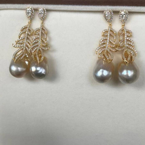12-14mm White South Sea Baroque Pearl & Feather Earrings - House Of Pearls